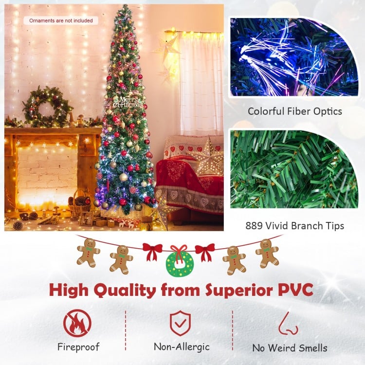 8 FT Pre-Lit Christmas Pencil Tree with Colorful Fiber Optics Green