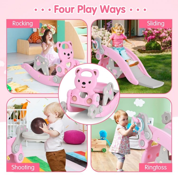 4-in-1 Toddler Slide and Rocking Horse Playset with Basketball Hoop-Pink