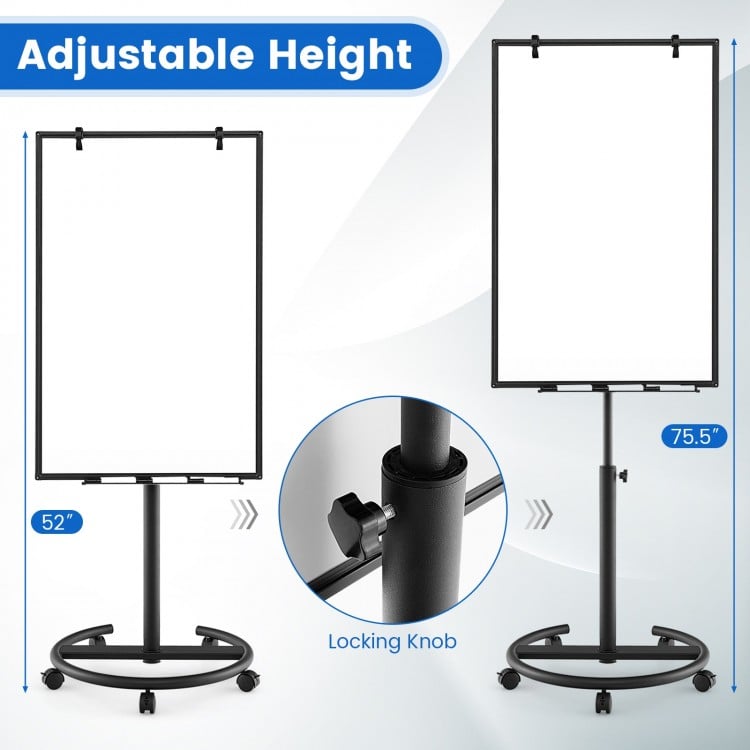 Height-Adjustable Mobile Whiteboard with Round Stand Paper Clips-Black