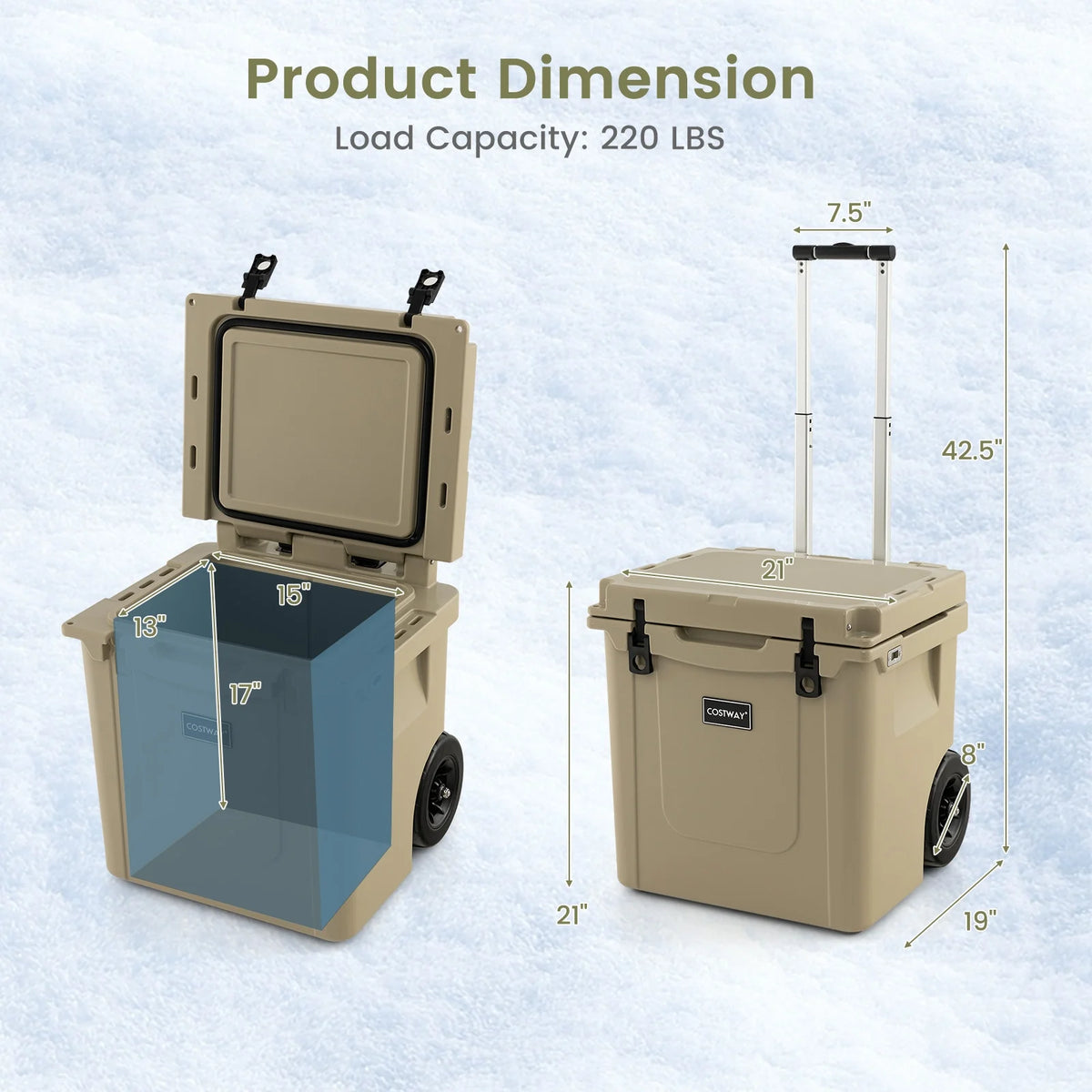 45 Qt Rolling Cooler with Adjustable Handle, Insulated Ice Chest with Wheels & Built-In Bottle Opener – Sand