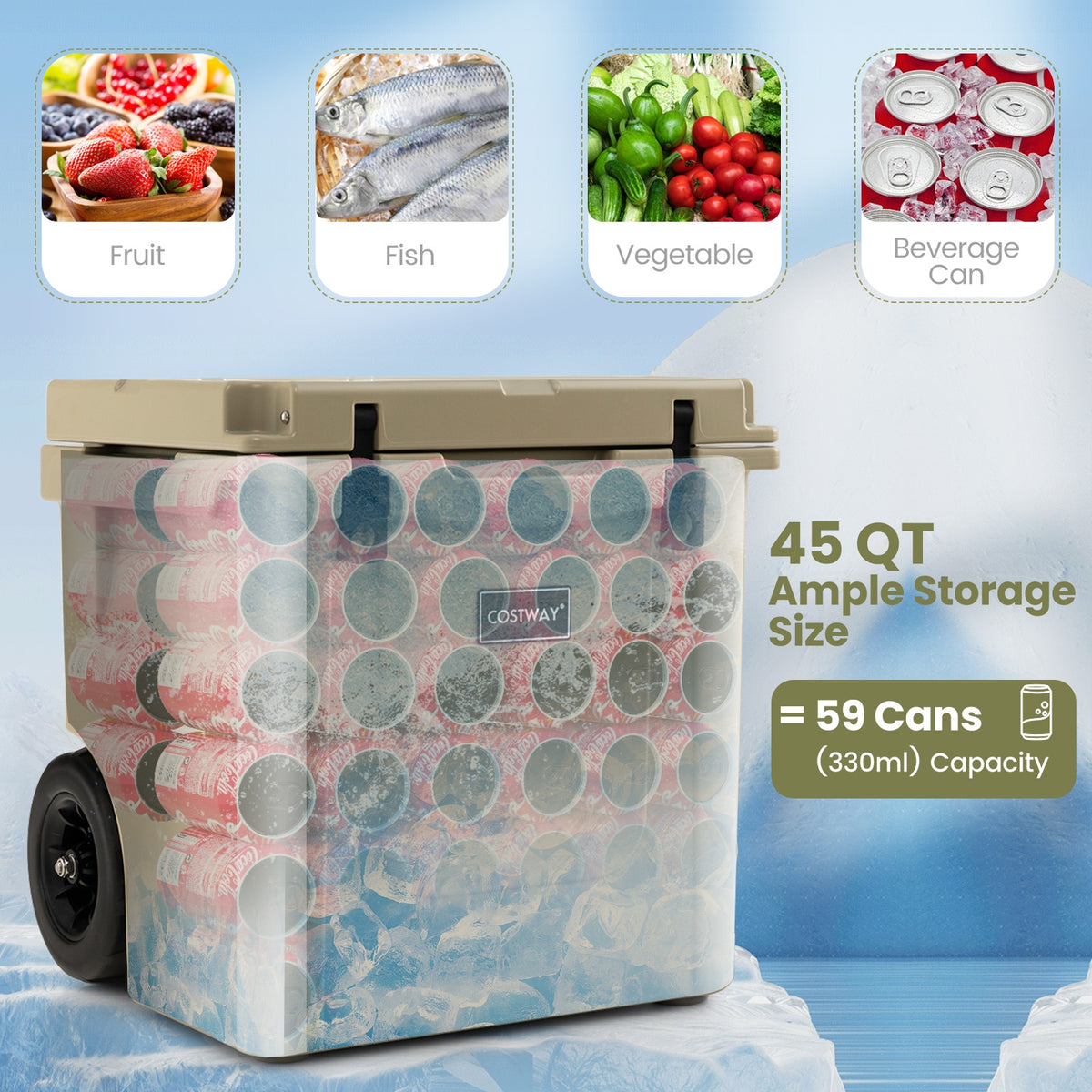 45 Qt Rolling Cooler with Adjustable Handle, Insulated Ice Chest with Wheels & Built-In Bottle Opener – Sand