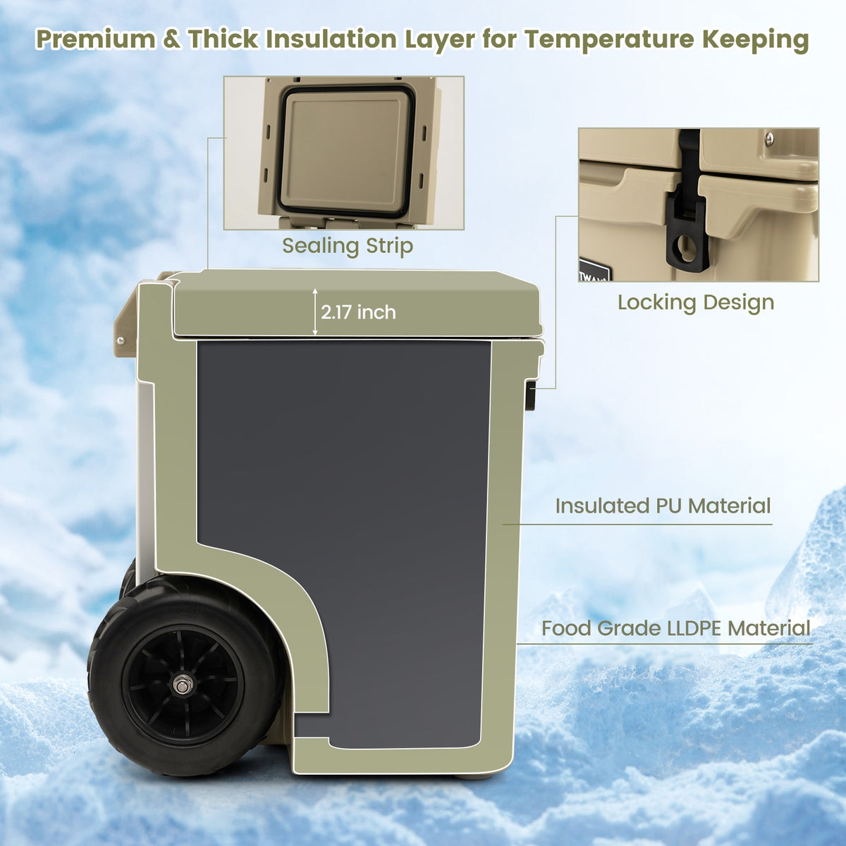 45 Qt Rolling Cooler with Adjustable Handle, Insulated Ice Chest with Wheels & Built-In Bottle Opener – Sand