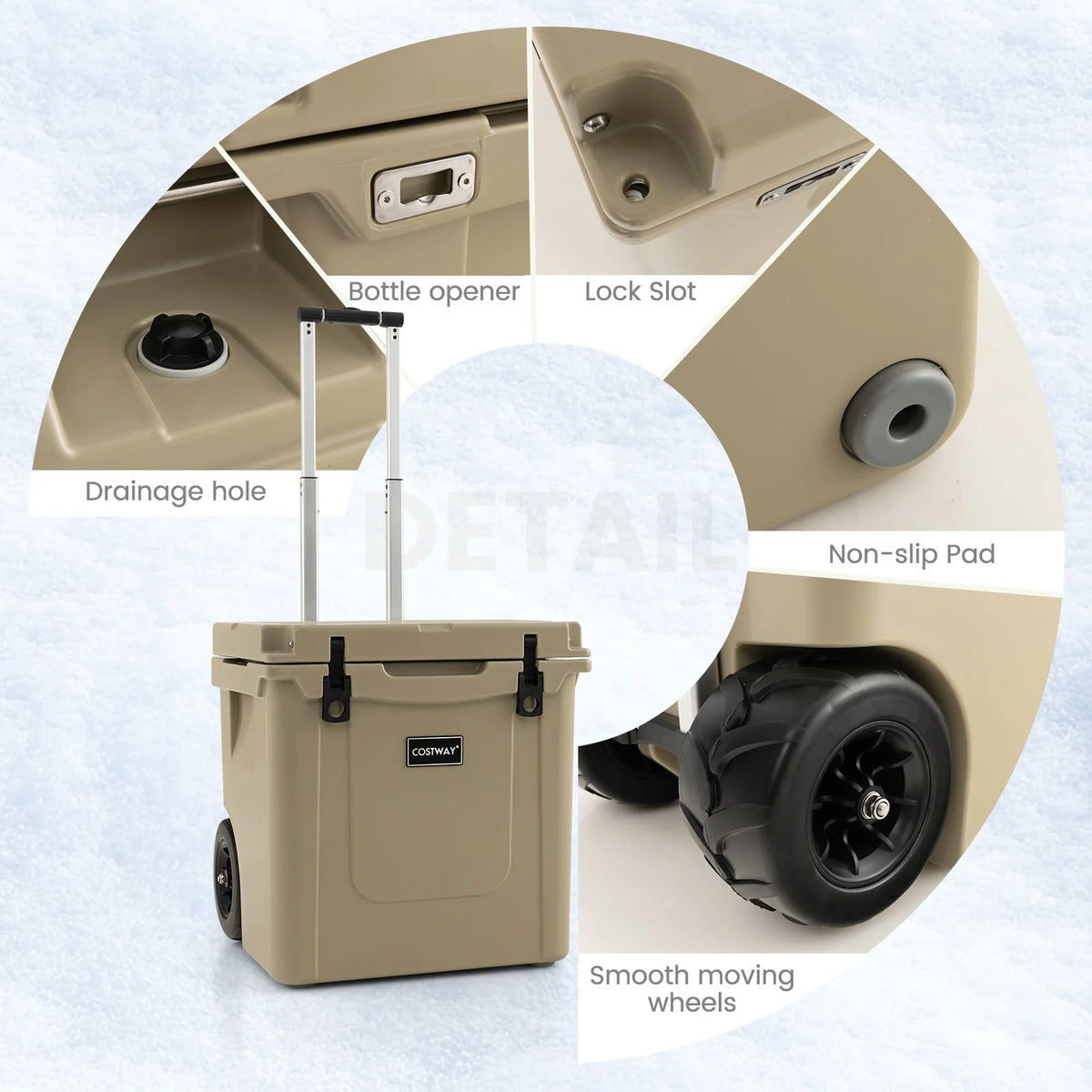 45 Qt Rolling Cooler with Adjustable Handle, Insulated Ice Chest with Wheels & Built-In Bottle Opener – Sand
