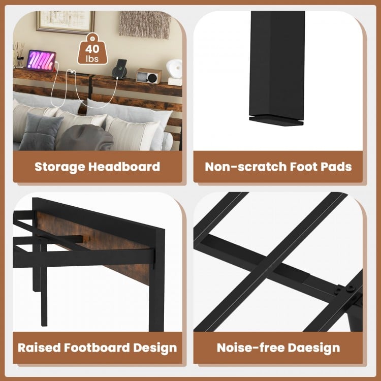 Full/Queen Size Bed Frame with Charging Station and Storage Headboard-Queen Size