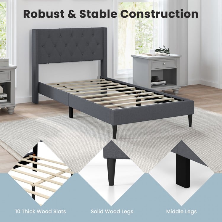 Twin Size Upholstered Platform Bed with Button Tufted Wingback Headboard-Gray