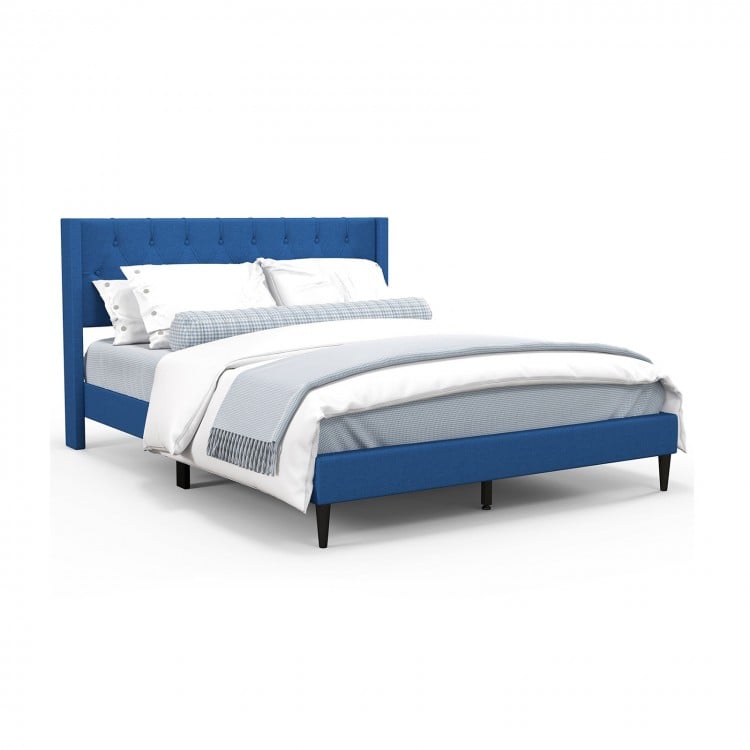 Queen Size Upholstered Platform Bed with Button Tufted Wingback Headboard-Blue
