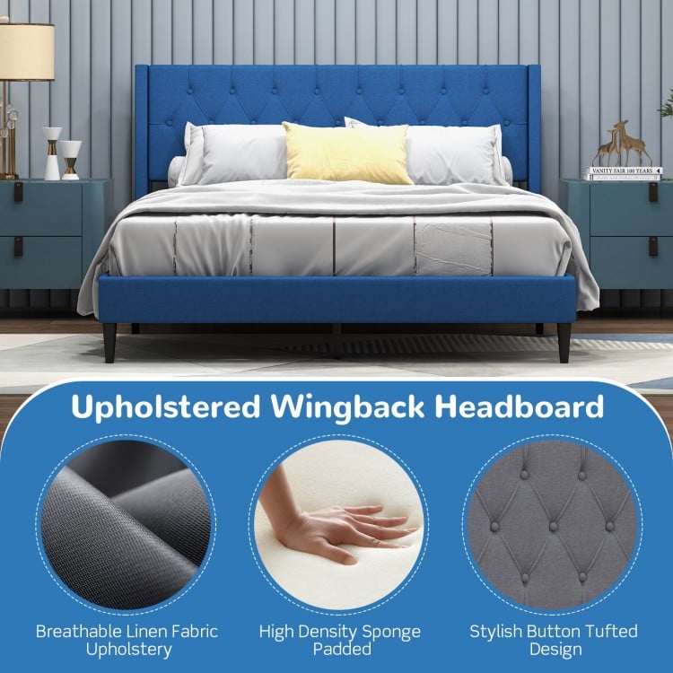 Queen Size Upholstered Platform Bed with Button Tufted Wingback Headboard-Blue