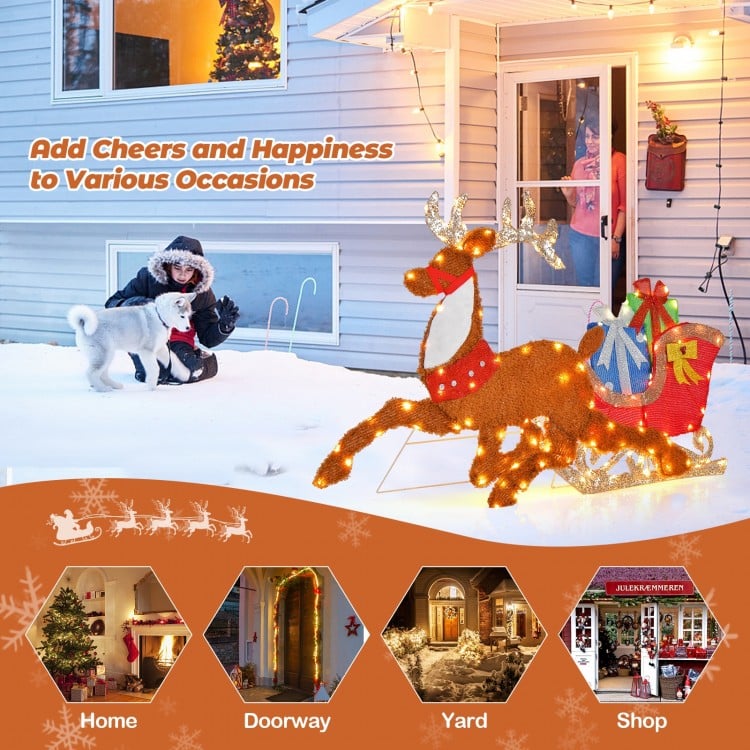 Lighted 2D Christmas Reindeer and Sleigh Decoration for Lawn Front Door Home