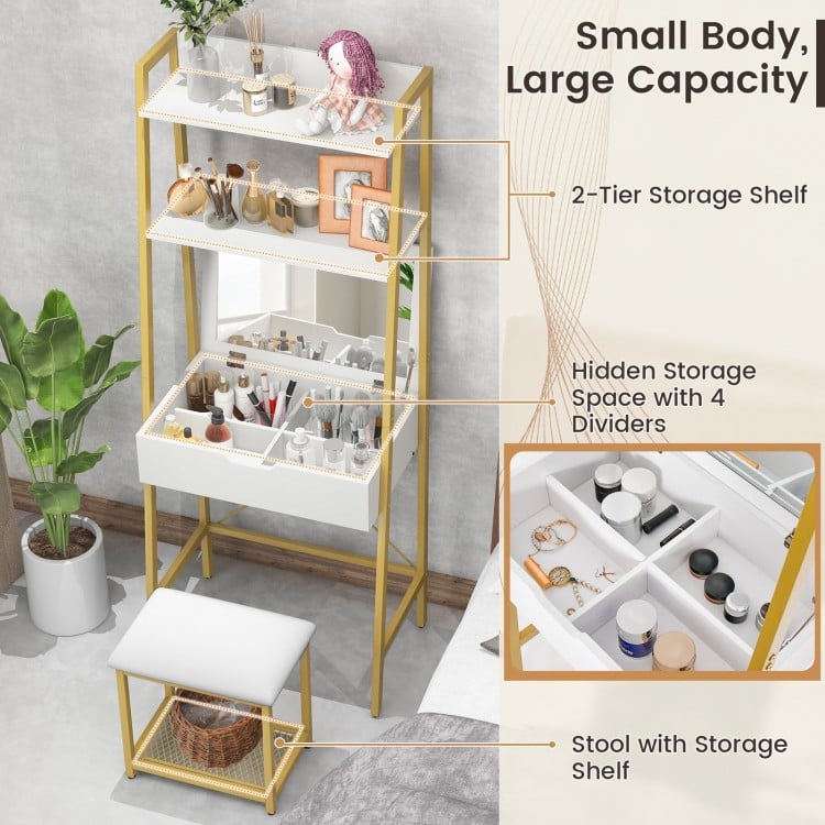 Ladder Vanity Desk Set with Flip Top Mirror and Cushioned Stool-Golden