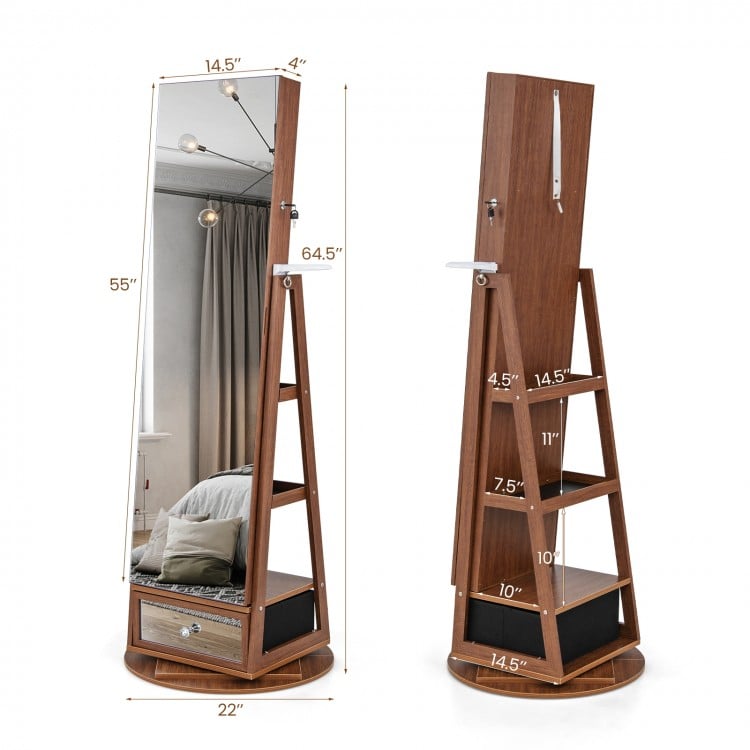 Lockable 360° Swivel Jewelry Cabinet with Full-Length Mirror LED Lights-Black