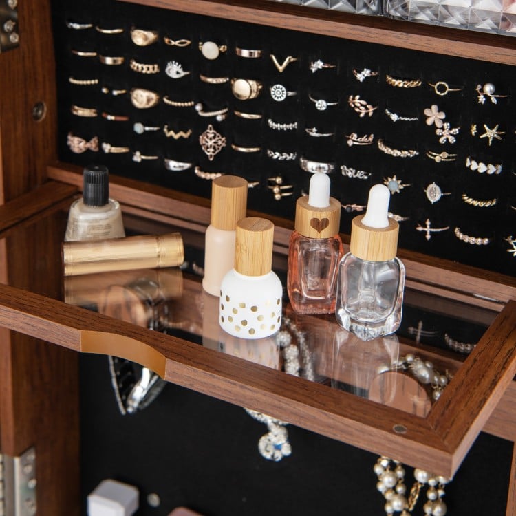 Lockable 360° Swivel Jewelry Cabinet with Full-Length Mirror LED Lights-Black