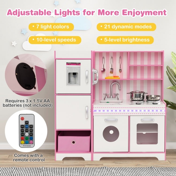 Kids Kitchen Playset Wooden Toy with Adjustable LED Lights and Washing Machine-Pink