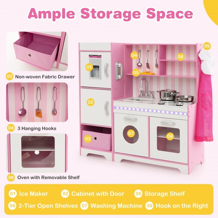 Kids Kitchen Playset Wooden Toy with Adjustable LED Lights and Washing Machine-Pink