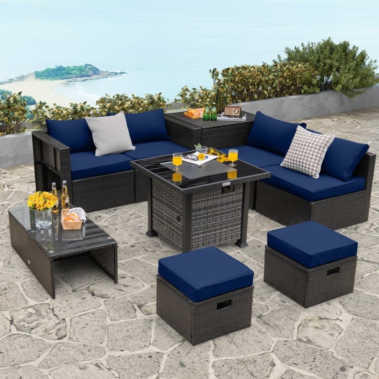 Outdoor 9 Pieces Patio Furniture Set with 50,000 BTU Propane Fire Pit Table