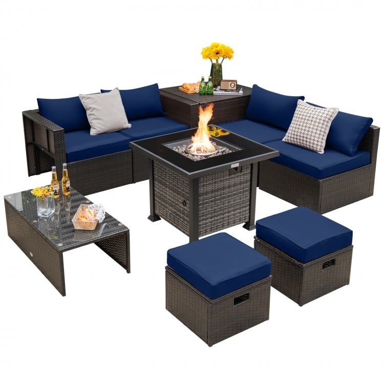 Outdoor 9 Pieces Patio Furniture Set with 50,000 BTU Propane Fire Pit Table