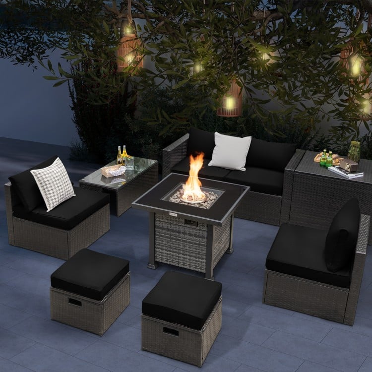 Outdoor 9 Pieces Patio Furniture Set with 50,000 BTU Propane Fire Pit Table