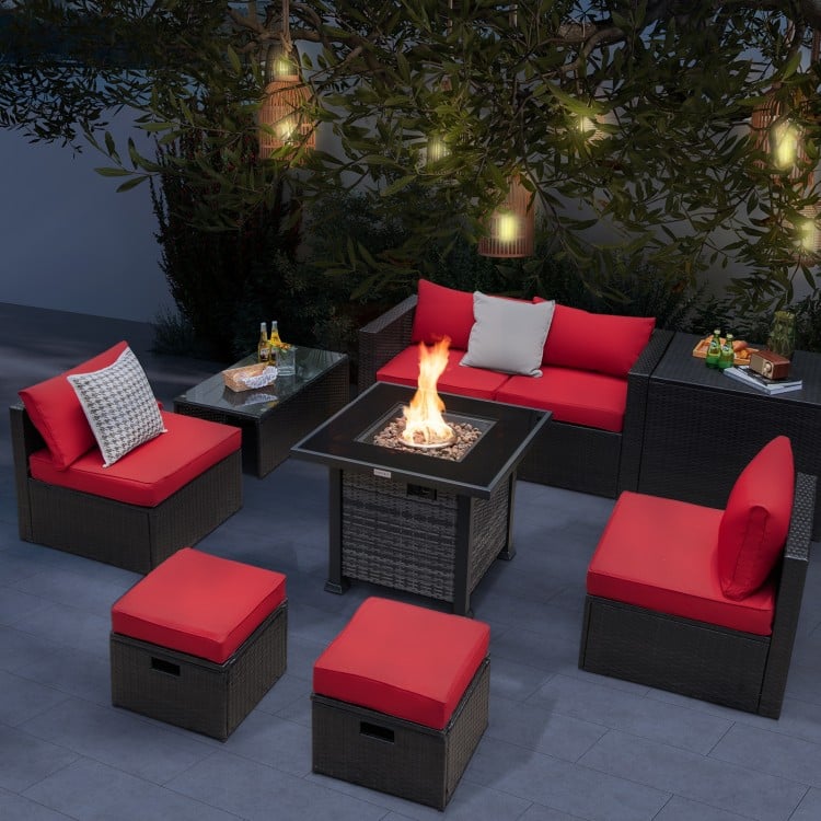 Outdoor 9 Pieces Patio Furniture Set with 50,000 BTU Propane Fire Pit Table
