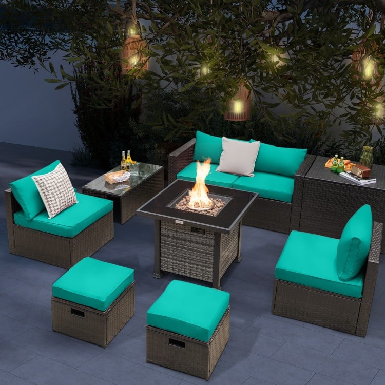 Outdoor 9 Pieces Patio Furniture Set with 50,000 BTU Propane Fire Pit Table