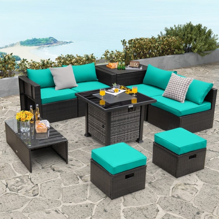 Outdoor 9 Pieces Patio Furniture Set with 50,000 BTU Propane Fire Pit Table