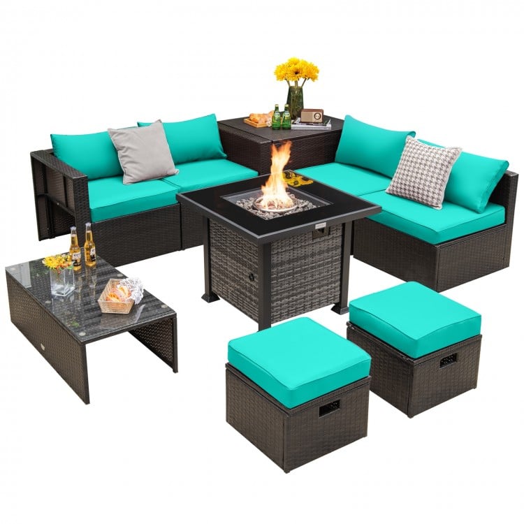 Outdoor 9 Pieces Patio Furniture Set with 50,000 BTU Propane Fire Pit Table
