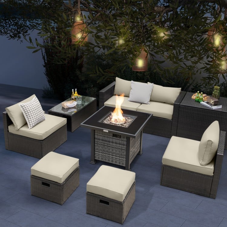 Outdoor 9 Pieces Patio Furniture Set with 50,000 BTU Propane Fire Pit Table