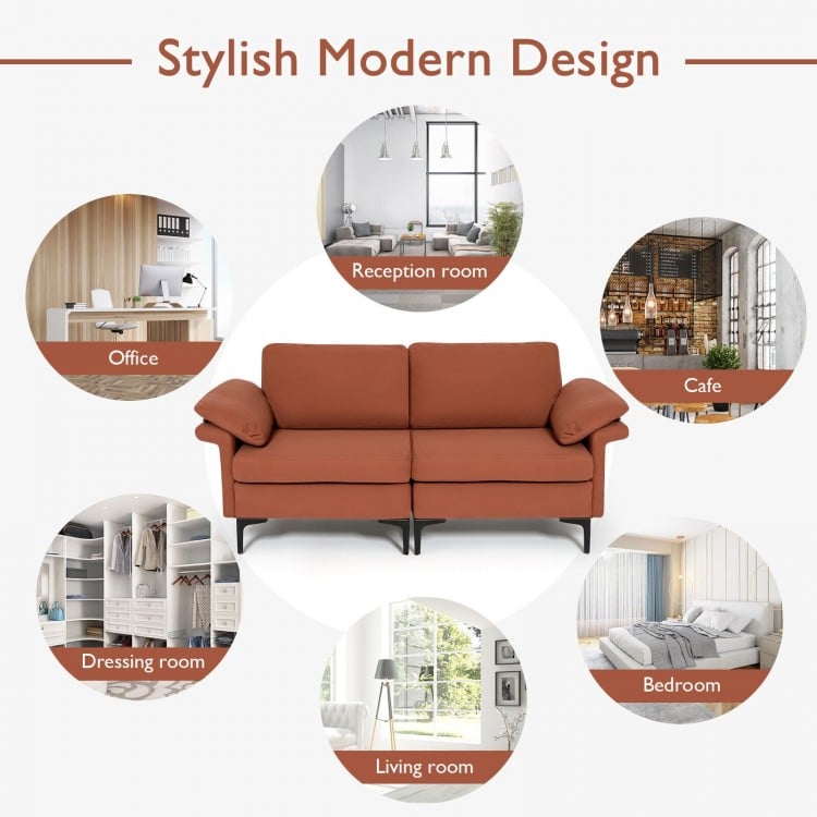 Modern Fabric Loveseat Sofa for with Metal Legs and Armrest Pillows-Rust Red