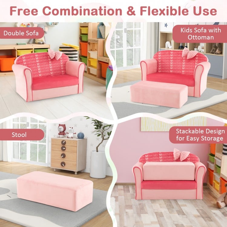 Ultra Soft Velvet Kids Sofa Chair Toddler Couch with Ottoman-Pink
