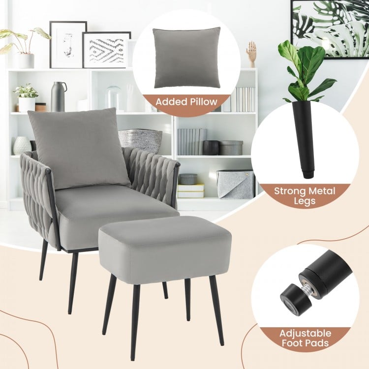 Modern Dutch Velvet Accent Chair and Ottoman Set with Weaved Back and Arms-Gray