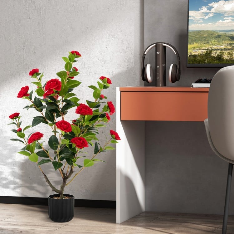 38 Inch Artificial Camellia Tree Faux Flower Plant in Cement Pot 2 Pack-Red