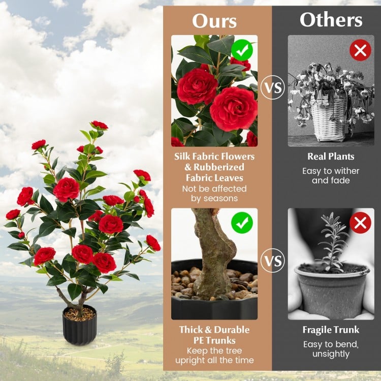38 Inch Artificial Camellia Tree Faux Flower Plant in Cement Pot 2 Pack-Red
