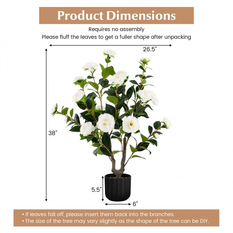 38 Inch Artificial Camellia Tree Faux Flower Plant in Cement Pot 2 Pack-White
