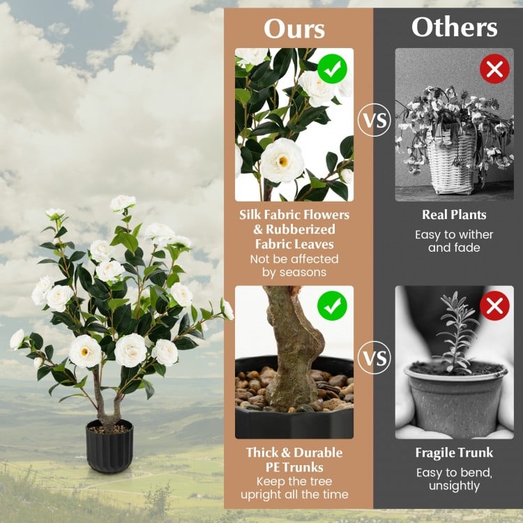 38 Inch Artificial Camellia Tree Faux Flower Plant in Cement Pot 2 Pack-White