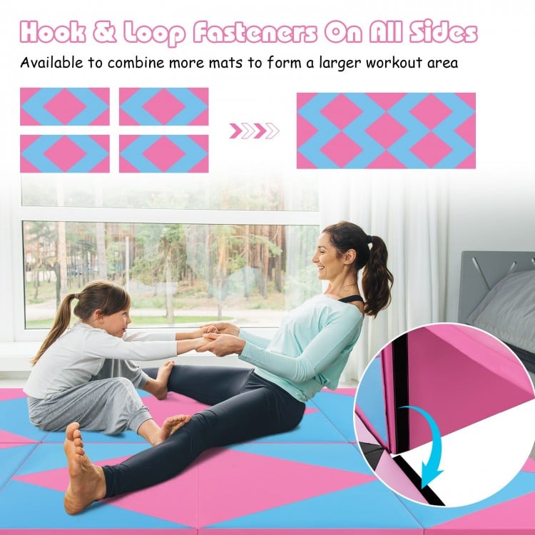 8 Feet PU Leather Folding Gymnastics Mat with Hook and Loop Fasteners-Pink & Blue