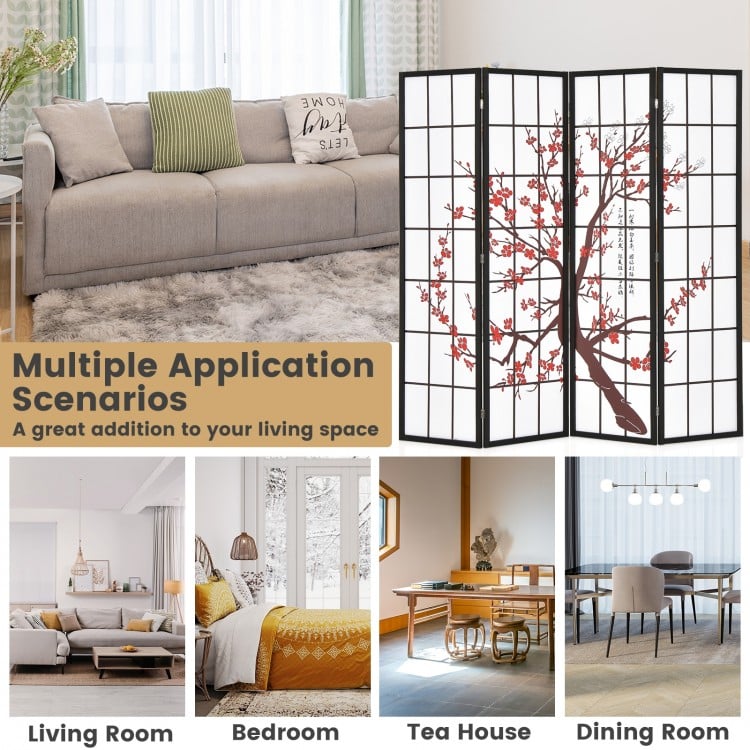 6 Feet Folding Decorative Oriental Privacy Screen with Plum Blossom Design-White