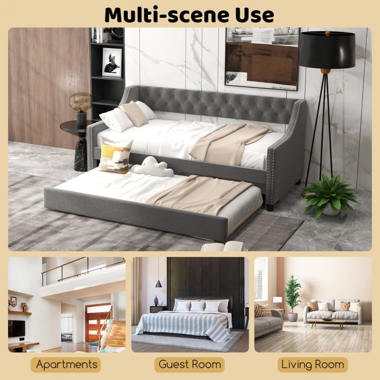 Twin Size Daybed with Trundle Sofa Bed with Curved Armrests and Backrest-Gray