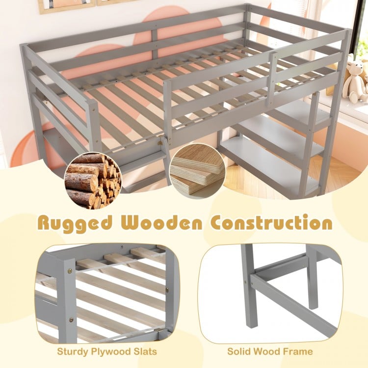 Twin Size Loft Bed with Desk and Bookshelves for Kids and Teens-Gray