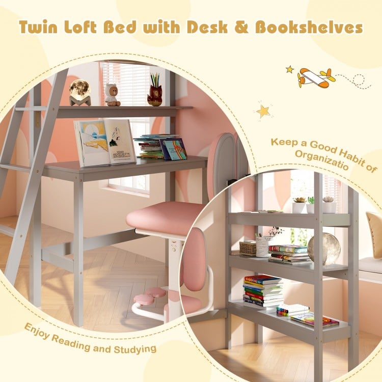 Twin Size Loft Bed with Desk and Bookshelves for Kids and Teens-Gray
