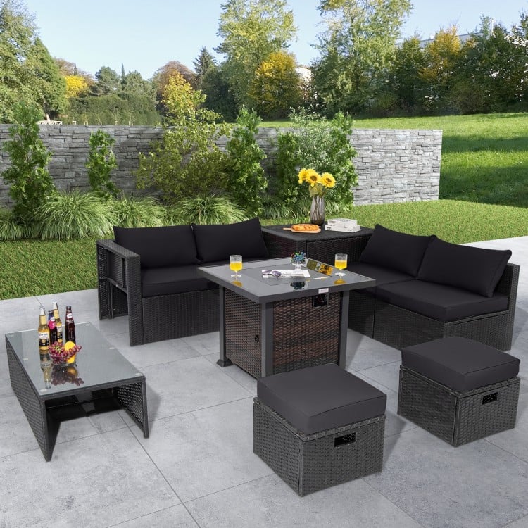 9 Pieces Patio Furniture Set with 32” Fire Pit Table and 50000 BTU Square Propane Fire Pit