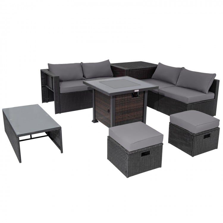 9 Pieces Patio Furniture Set with 32” Fire Pit Table and 50000 BTU Square Propane Fire Pit