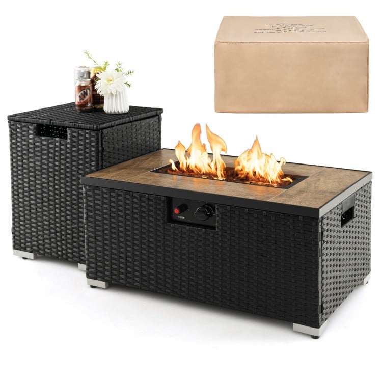 32 Inch x 20 Inch Propane Rattan Fire Pit Table Set with Side Table Tank and Cover