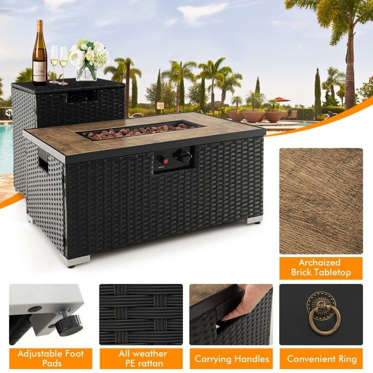 32 Inch x 20 Inch Propane Rattan Fire Pit Table Set with Side Table Tank and Cover