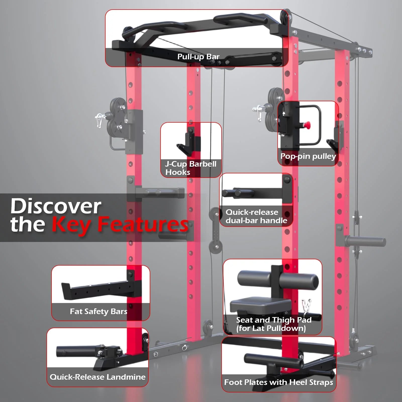YODOLLA Power Squat Rack Cage with LAT Pulldown – Full Body Home Gym System (Black/Red)