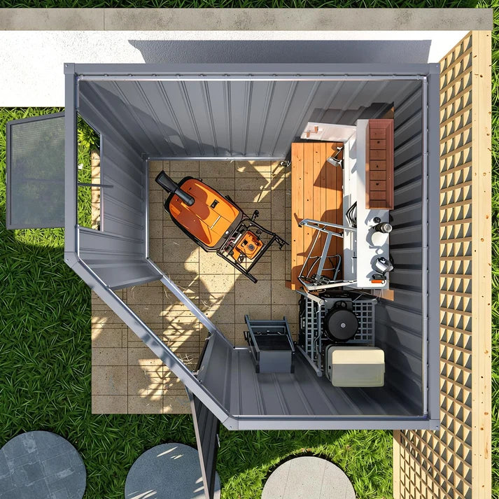 Corner Outdoor Storage Shed with Openable Windows – Dark Grey Metal Garden Storage Shelter