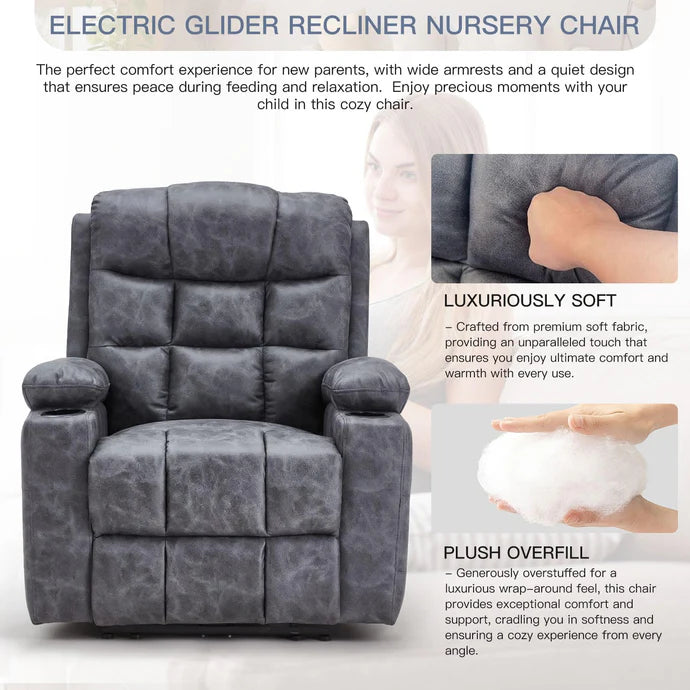 AECOJOY Electric Glider Recliner Nursery Chair with Lumbar Support, Cup Holders & Side Pockets