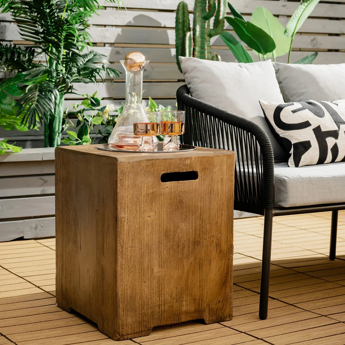 16" Outdoor Propane Tank Hideaway Table – 20 lb Tank Cover & Patio Side Table with Rustic Wood Look