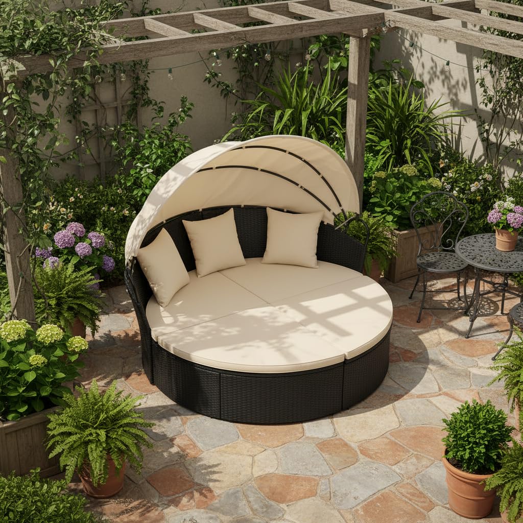 Outdoor Patio Round Daybed with Retractable Canopy & Cushions