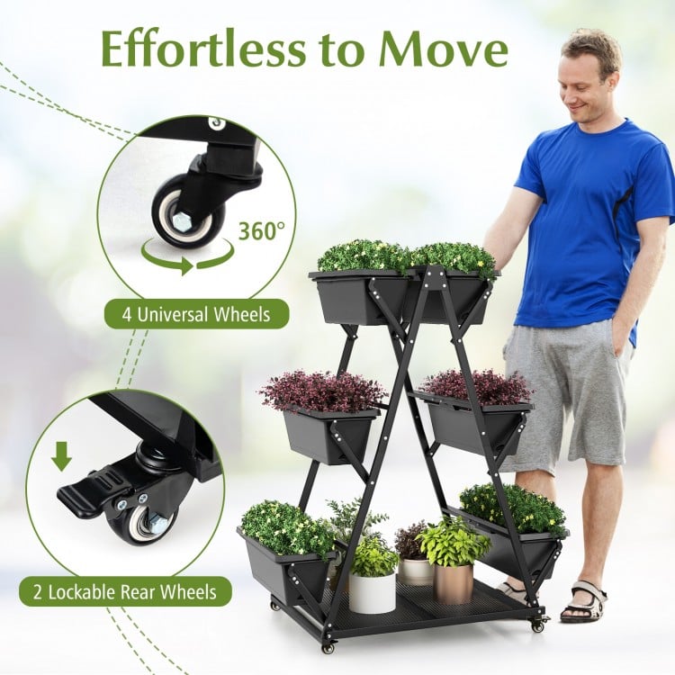 3-Tier Vertical Raised Garden Bed with 4 Wheels and 6 Container Boxes-Black