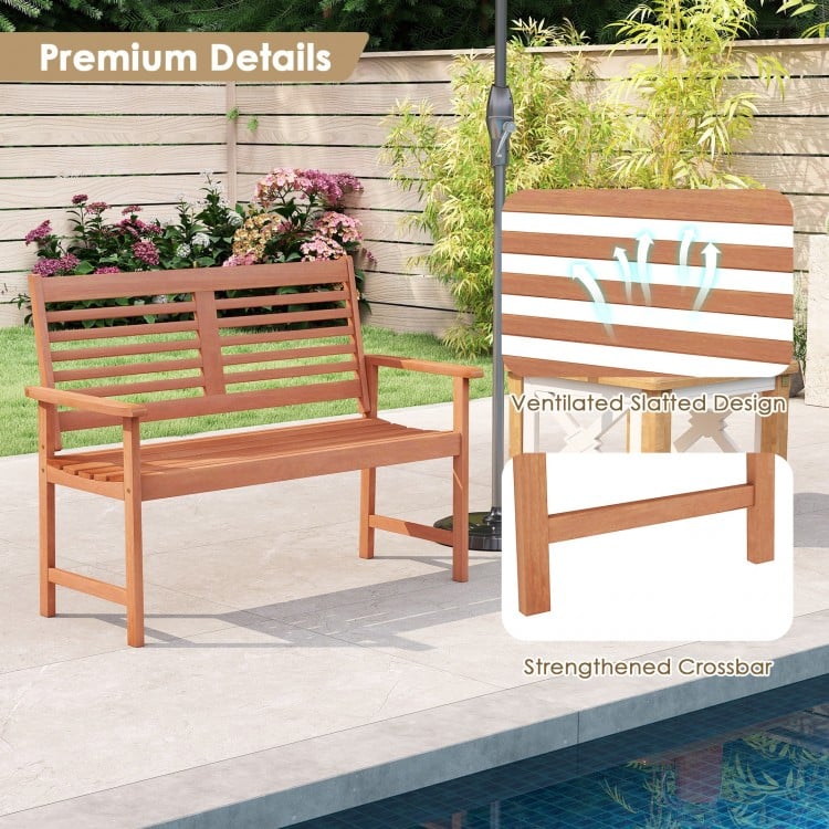 Patio Solid Wood Loveseat Outdoor 2-Seat Bench with Inclined Backrest and Slatted Seat
