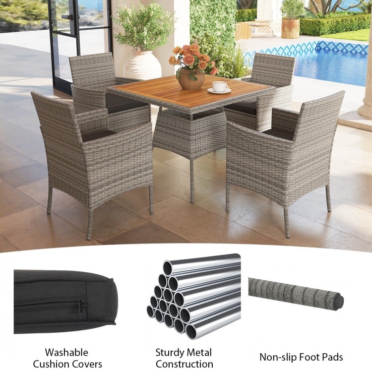 5 Pieces PE Wicker Patio Dining Set Outdoor Acacia Wood Table and Chairs-Black