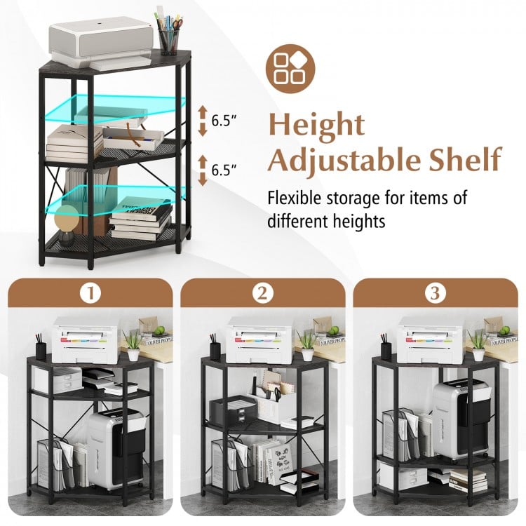 Corner Printer Stand with Power Outlet 3-Tier Storage Rack with Adjustable Shelf-Black